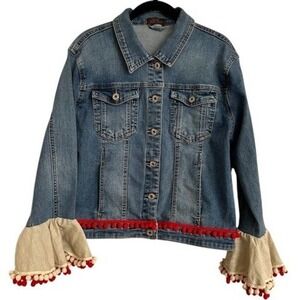 Lola Guarch Frida Kahlo Denim Jacket  Boho Bell Sleeve with Pom Poms & Tassels M
